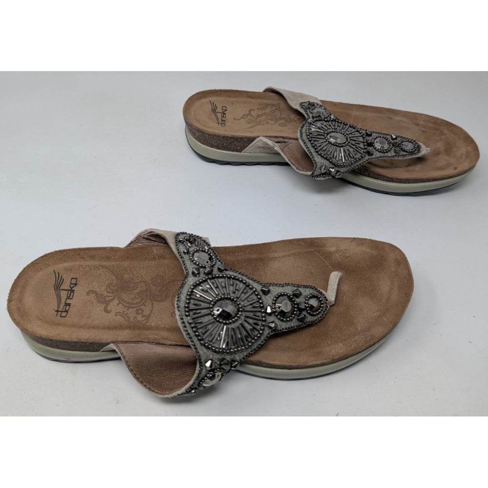 Dansko Sandals 9.5 / 40‎ Pamela Taupe Nubuck Leather Jeweled Thong Shoes Boho